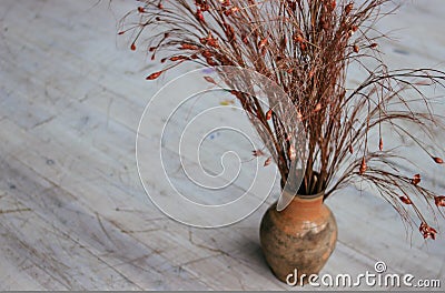 Pot with dry dried flowers. clay pot horizontal Stock Photo