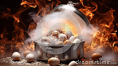Pot of eggs amidst flames and smoke. Concept of cooking danger, kitchen mishap, culinary disaster, high heat Stock Photo