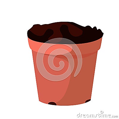 Pot for flowers, with ground, pink, for seedlings, pots. Vector Illustration