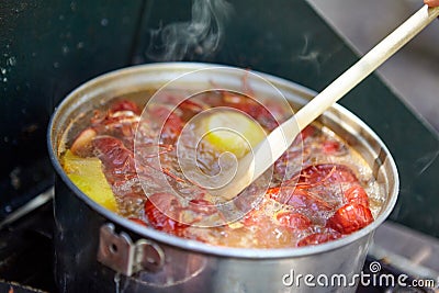 Pot of freshwater lobster , crawfish or crawdads Stock Photo