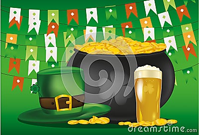 Pot of gold coins against the background of green flags. Hat and beer Stock Photo