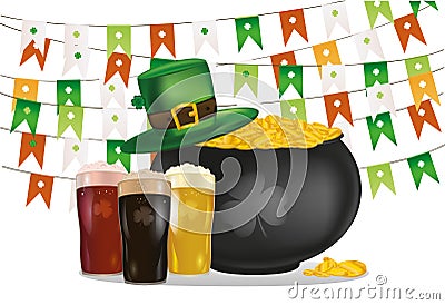 Pot of gold coins against the background of green flags. Hat and beer Stock Photo