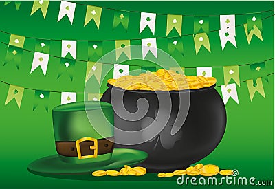 Pot of gold coins on a background of green flags. Hat for Patrick Stock Photo