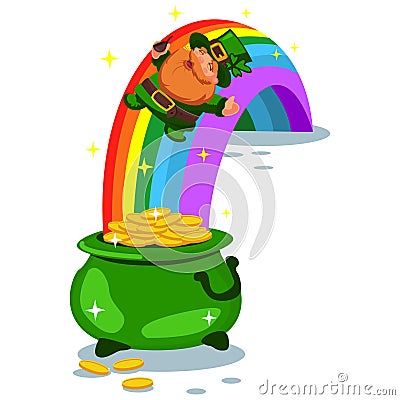 Pot of gold coins, a rainbow and leprechaun vector icons isolated on a transparent background. St.Patrick `s Day Vector Illustration