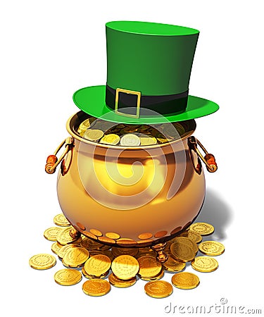 Pot of Gold and green Leprechaun hat Stock Photo