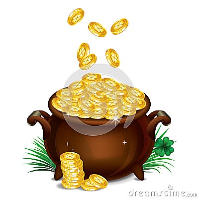 Pot Of Gold, Magical Treasure, St. Patrick's Day symbol. Vector Vector Illustration