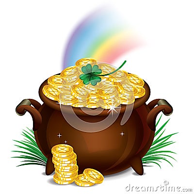 Pot Of Gold, Magical Treasure, St. Patrick's Day symbol. Vector Vector Illustration