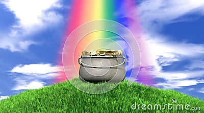 Pot Of Gold And Rainbow On Grassy Hill Stock Photo