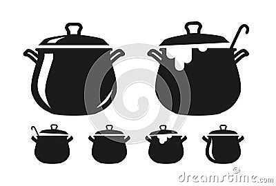 Pot with lid, pan of soup silhouette. Cooking, cuisine, cookery, culinary art, kitchen icon or logo. Vector illustration Vector Illustration