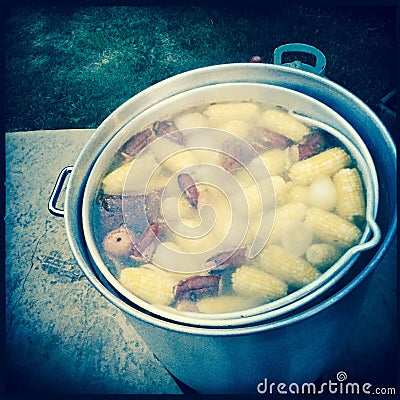 Pot of lowcountry boil Stock Photo