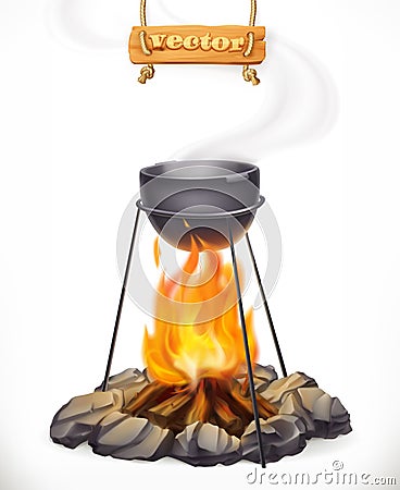 Pot over the campfire. 3d vector icon Vector Illustration