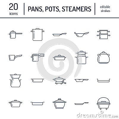 Pot, pan and steamer flat line icons. Restaurant professional equipment signs. Kitchen utensil - wok, saucepan Vector Illustration