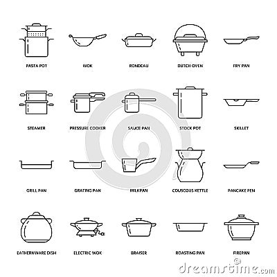 Pot, pan and steamer line icons. Restaurant professional equipment signs. Kitchen utensil - wok, saucepan, eathernware Vector Illustration