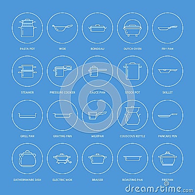 Pot, pan and steamer line icons. Restaurant professional equipment signs. Kitchen utensil - wok, saucepan, eathernware Vector Illustration