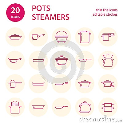 Pot, pan and steamer line icons. Restaurant professional equipment signs. Kitchen utensil - wok, saucepan, eathernware Vector Illustration