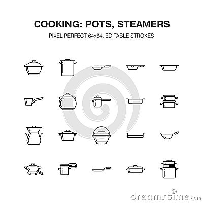 Pot, pan and steamer line icons. Restaurant professional Vector Illustration