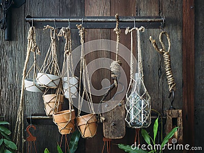 Pot Plant decoration displayed on wooden wall Stock Photo