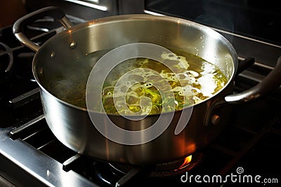 a pot of soup boiling and bubbling on a gas stove Stock Photo