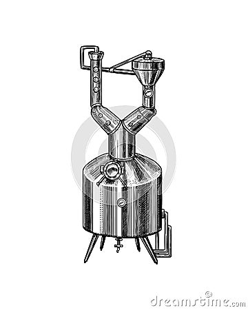 Pot Swan necked copper stills distillery for making alcohol. Engraved hand drawn vintage retro sketch for logo or Vector Illustration