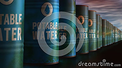 Potable water drinking h2o barrels in row Cartoon Illustration