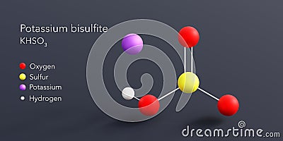 potassium bisulfite molecule 3d rendering, flat molecular structure with chemical formula and atoms color coding Stock Photo
