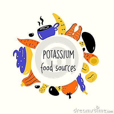 Potassium food sources. Vector cartoon illustration of potassium rich foods. Vector Illustration