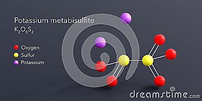 potassium metabisulfite molecule 3d rendering, flat molecular structure with chemical formula and atoms color coding Stock Photo