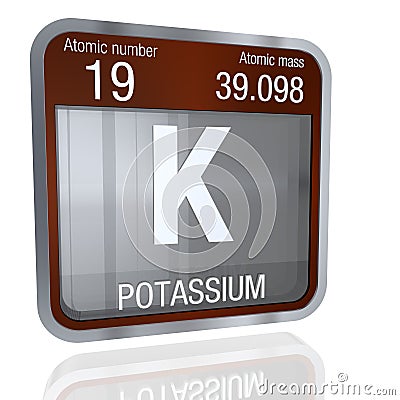 Potassium symbol in square shape with metallic border and transparent background with reflection on the floor. 3D render Stock Photo