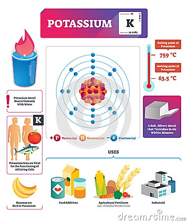 Potassium vector illustration. Chemical element characteristics and uses. Vector Illustration