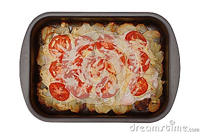 Potato baked pudding with chicken meat, tomatoes and cheese isolated on a white background Stock Photo