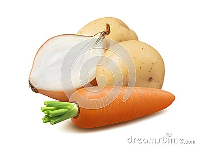 Potato, carrot and onion half isolated on white background Stock Photo