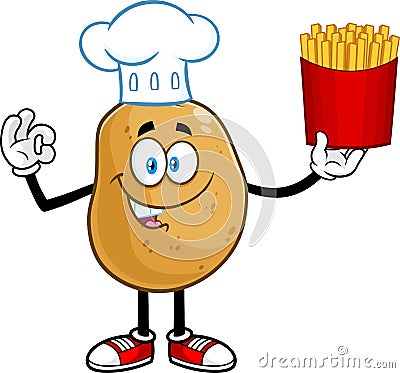Potato Chef Cartoon Character Gesturing Ok And Holding Up A French Fries Vector Illustration
