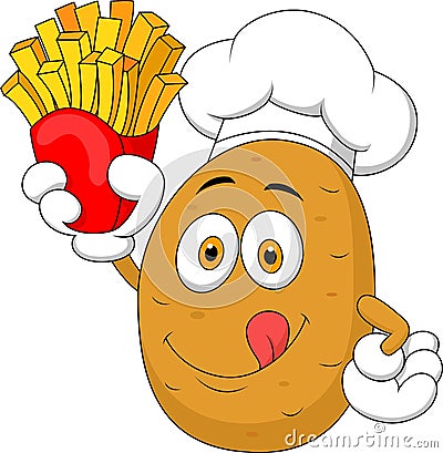 Potato Chef cartoon Holding Up A French Fries Vector Illustration