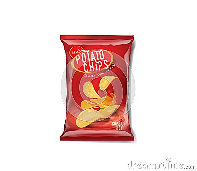 Potato chips advertisement bag, spicy chilli pepper flavor. Vector Illustration