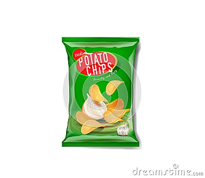 Potato chips advertisement bag, spring onion flavor. Vector Illustration