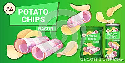 Potato chips with bacon flavor advertising composition of crisps natural potatoes and packaging Vector Illustration