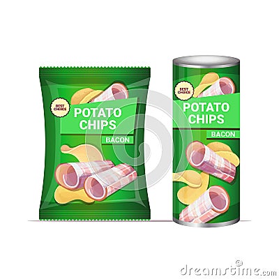 Potato chips with bacon flavor crisps natural potatoes and packaging advertising design template Vector Illustration