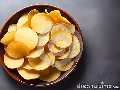 Potato chips. Beer snacks, sauce, potato on cutting board, on dark background, AI Generated Stock Photo