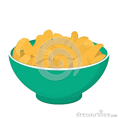 Potato chips in a bowl. Crisp snack, delicious meal full of fat. Vector Illustration