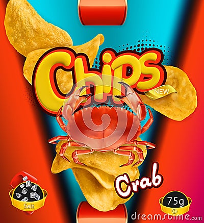 Potato chips. Crab flavor. Design packaging, vector template Vector Illustration