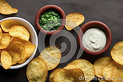 Potato chips are fried thin slices of potato Stock Photo