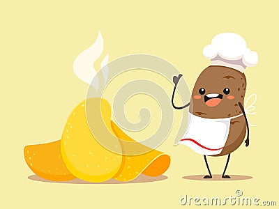 Potato chips with a fun and cartoon potato in the style of kawaii. Vector illustration of a potato chef Vector Illustration