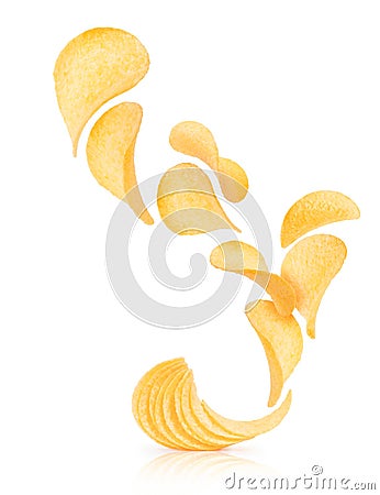 Potato chips rise up from the pile with chips on a white Stock Photo