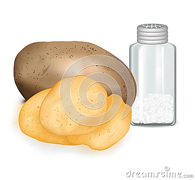 Potato chips with salt, tasty snack, vector food, a glass saltcellar Vector Illustration