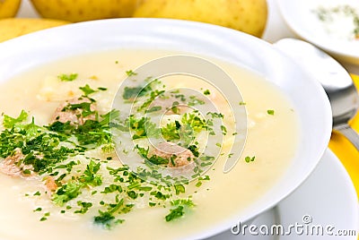 Potato cream soup with chopped meat balls Stock Photo