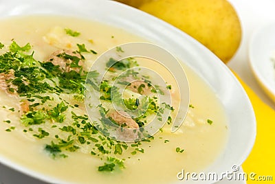 Potato cream soup with chopped meat balls Stock Photo