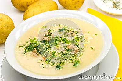 Potato cream soup with chopped meat balls Stock Photo