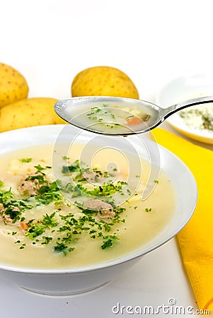 Potato cream soup with chopped meat balls Stock Photo