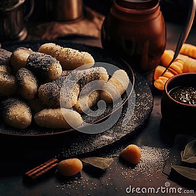 Potato dumplings sulance gnocci with milled poppy seeds shugar powder and marmalade Stock Photo