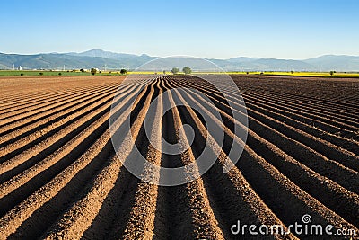 Potato field in the early spring after sowing - with furrows run Stock Photo